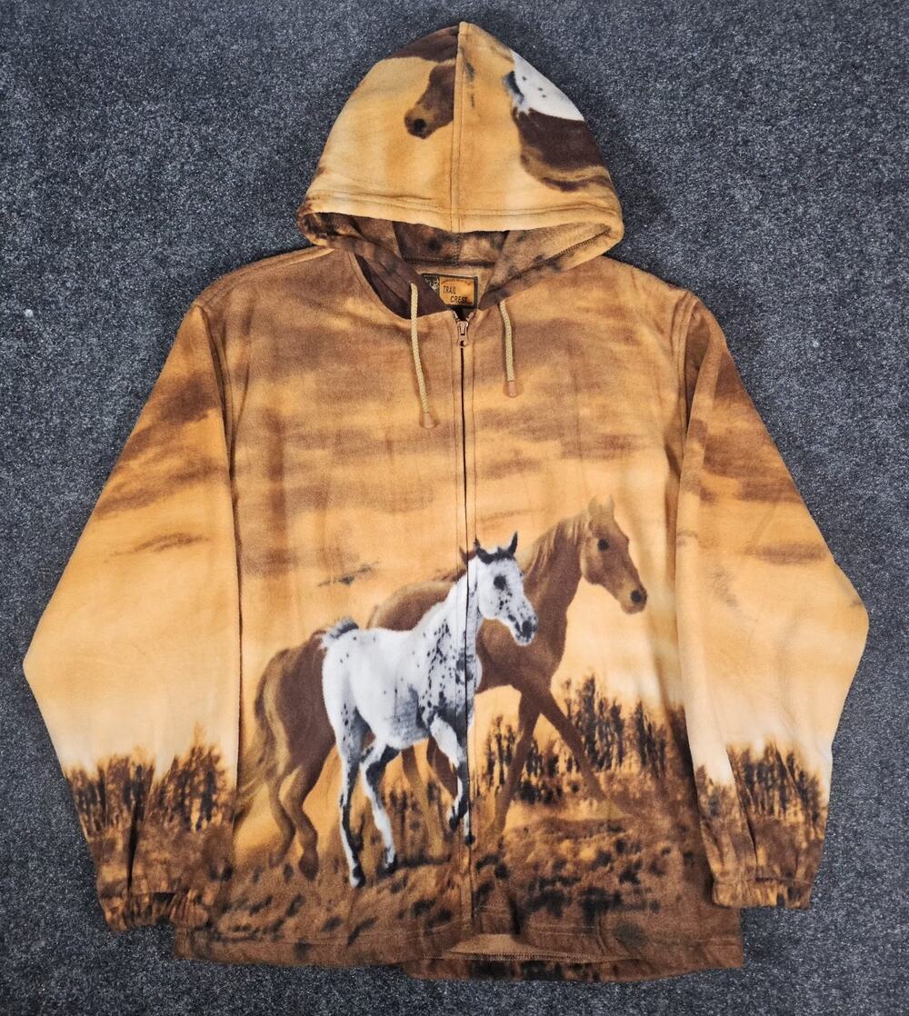 Trail Crest "Horses" Fleece Zip Up Hooded Sweatshirt Jacket Adult XL Nature
